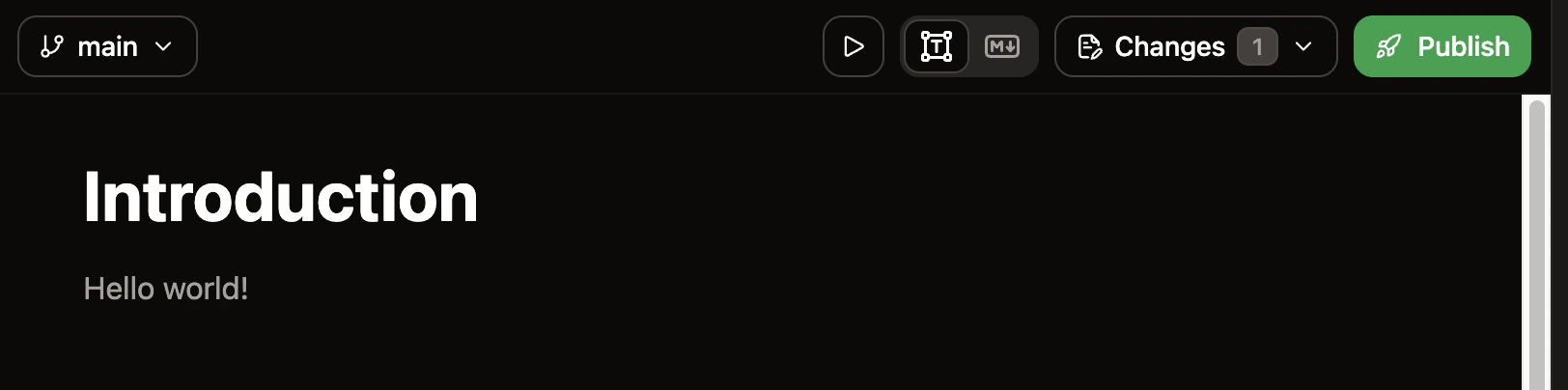 Page Introduction ouverte dans l’éditeur web avec la description modifiée pour afficher Hello world!.