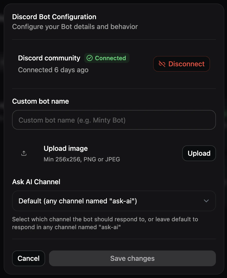 The Discord configuration panel in dark mode.