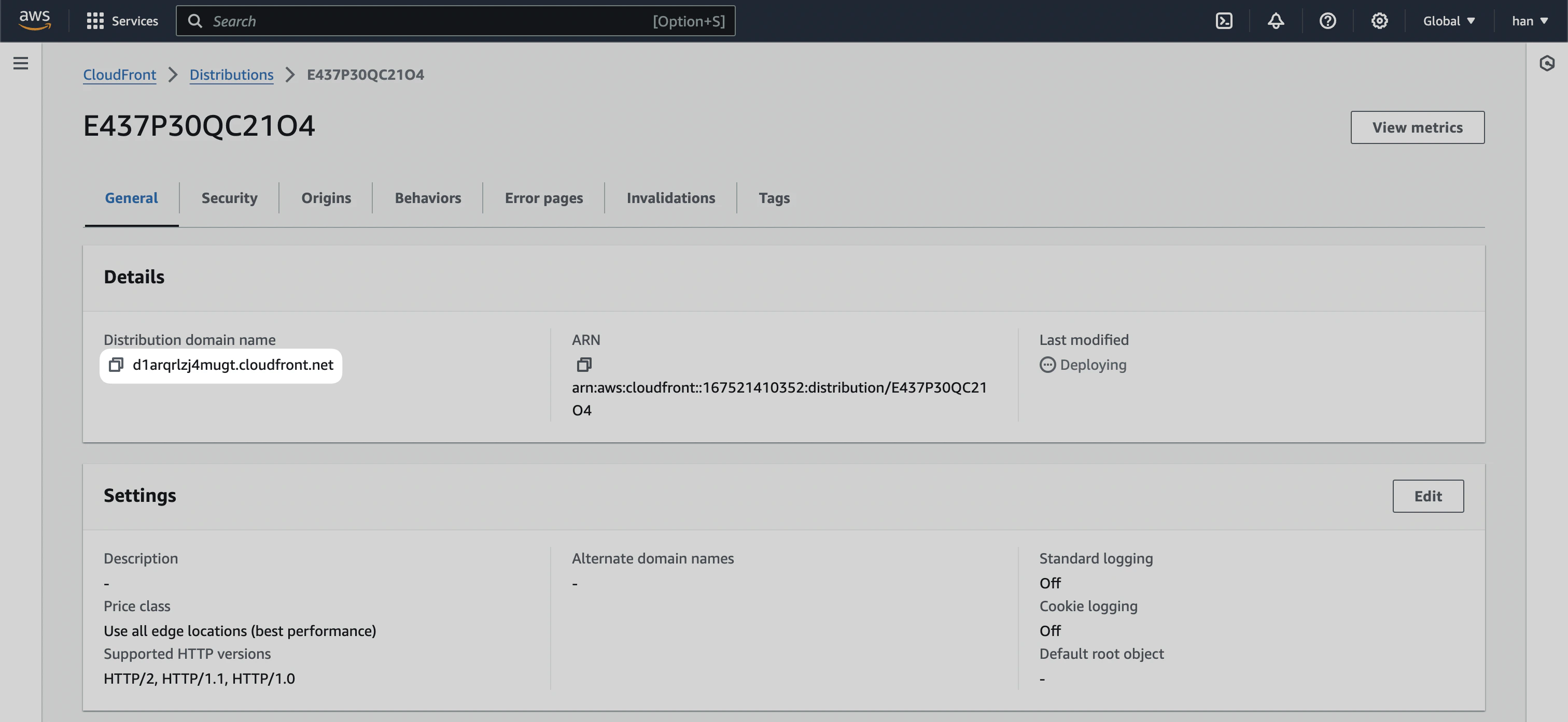 CloudFront "General" tab with the "Distribution domain name" URL highlighted.