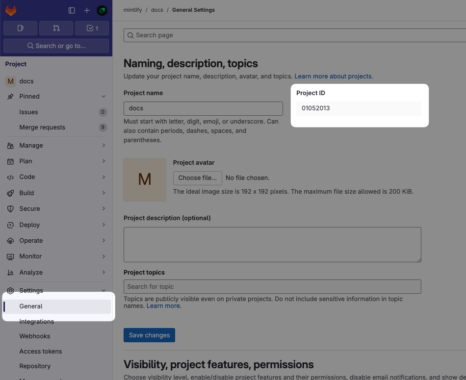 GitLab 控制台的 General Settings 页面,Project ID 已高亮显示。