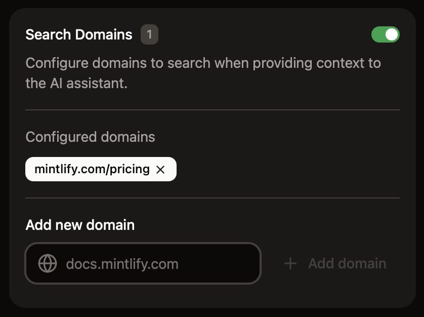 El panel de búsqueda en dominios del assistant habilitado en el dashboard. El assistant está configurado para buscar en el dominio mintlify.com/pricing.