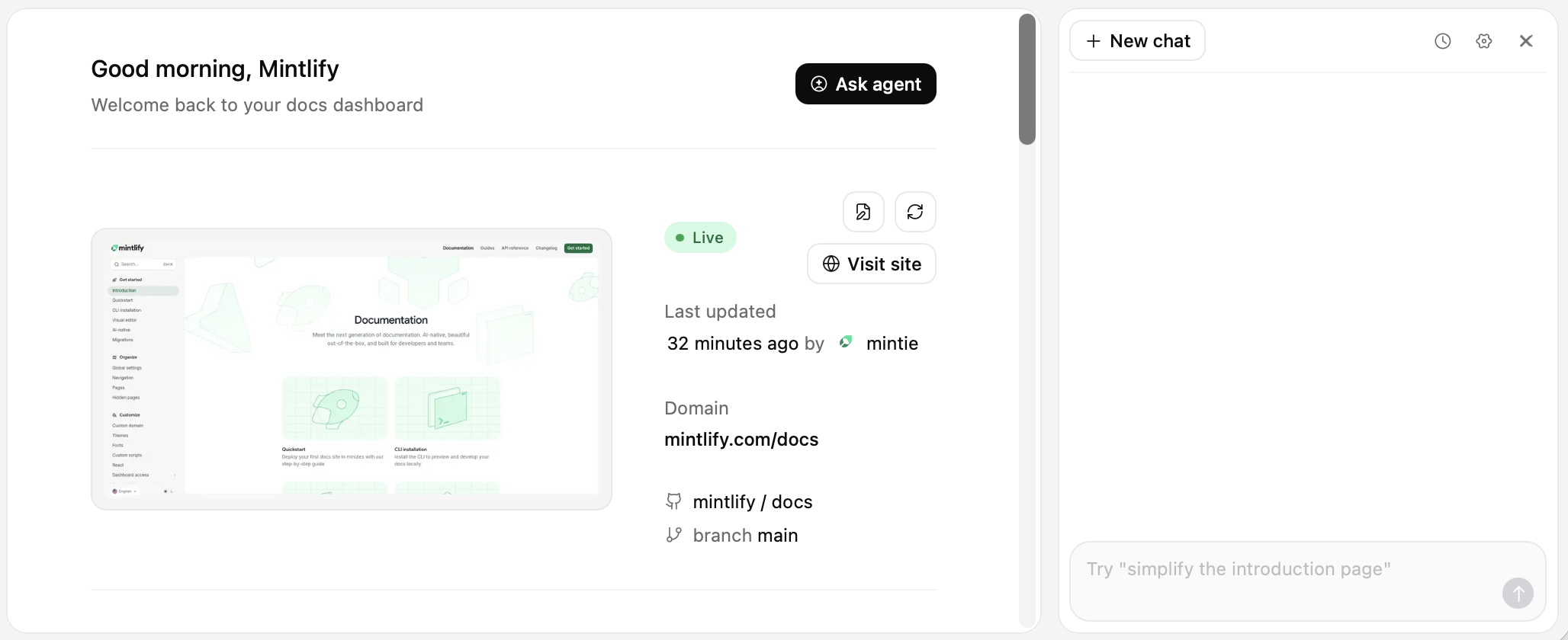 El panel del agente abierto en el dashboard.