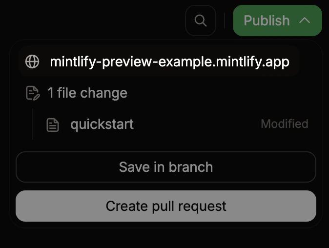 Preview URL emphasized in the publish menu.