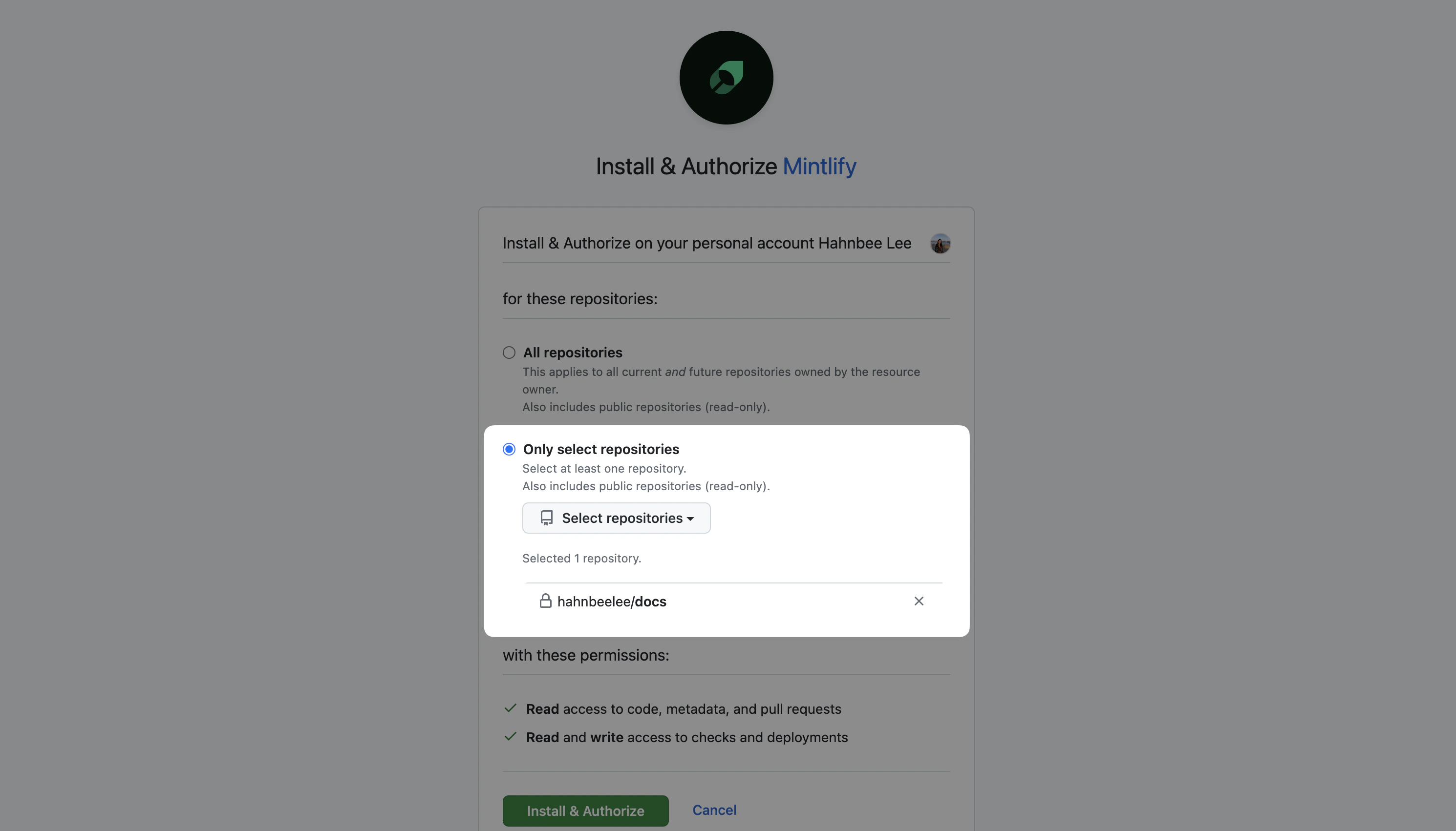 Mintlify GitHub 应用安装页面,已选择“Only select repositories”选项。