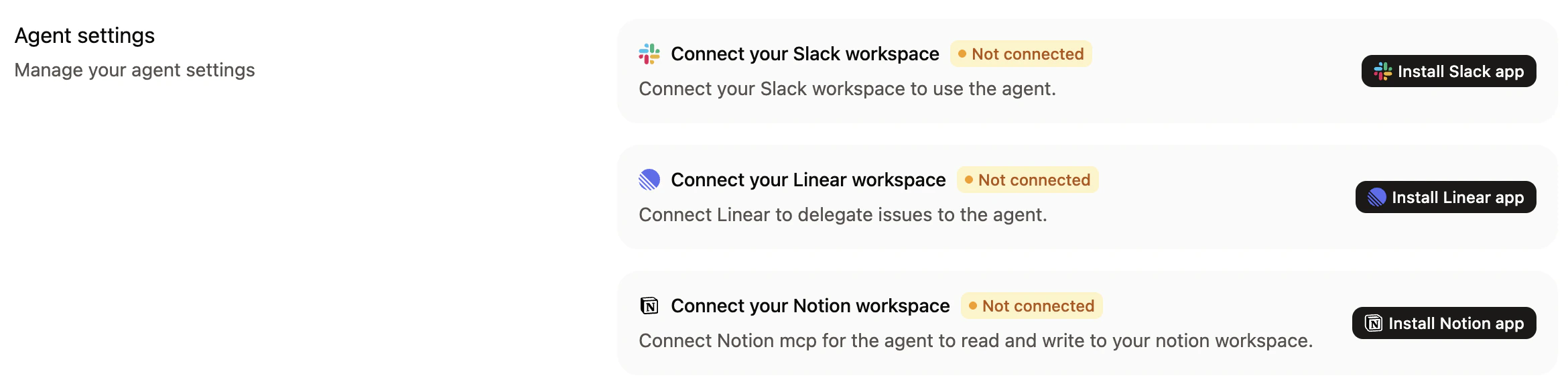 The App settings section with the Slack, Linear, and Notion install buttons.