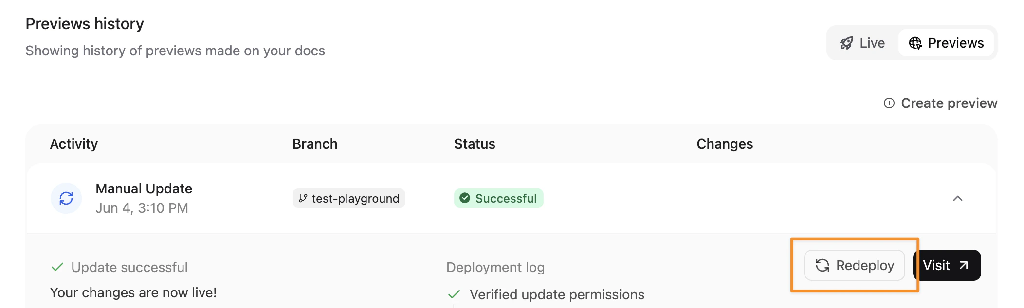 Le menu Previews avec le bouton de déploiement mis en évidence par un rectangle orange.