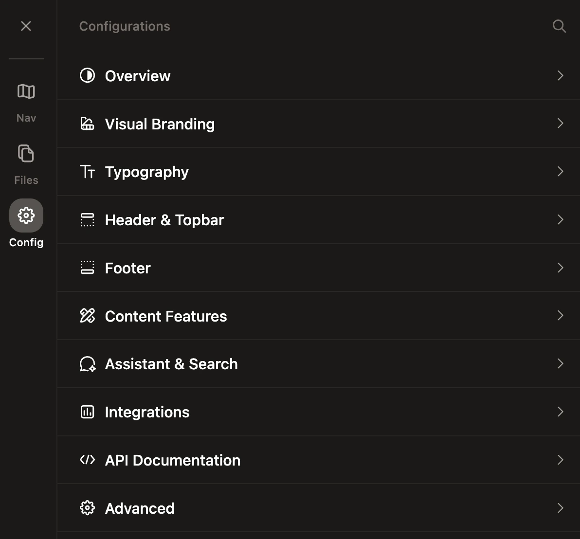 深色模式侧边栏中的 Configurations 设置。