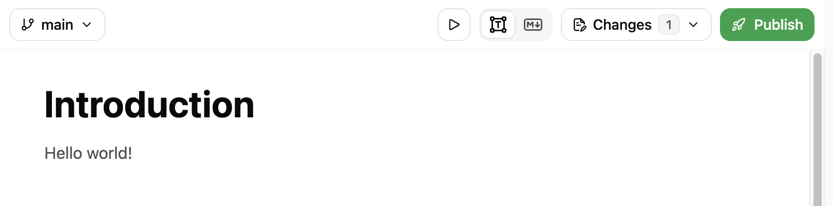 Página Introduction abierta en el editor web con la descripción editada para que diga Hello world!
