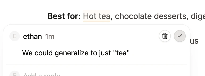 A comment thread opened in the web editor with the checkmark icon to resolve the thread highlighted.