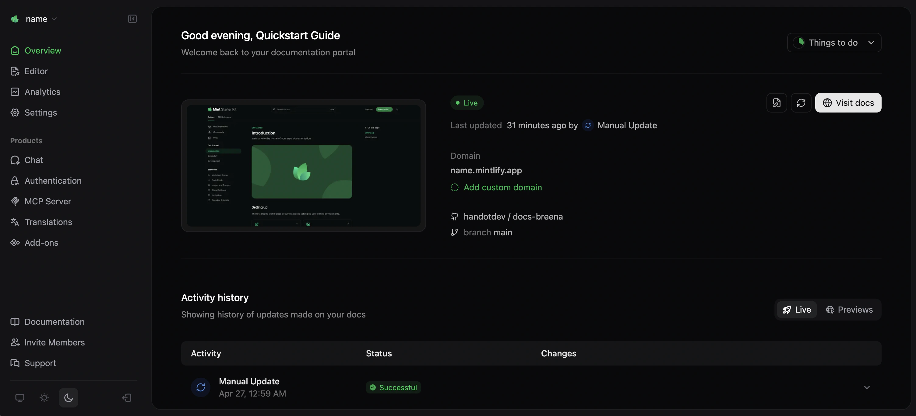 Page Overview du Tableau de bord Mintlify.