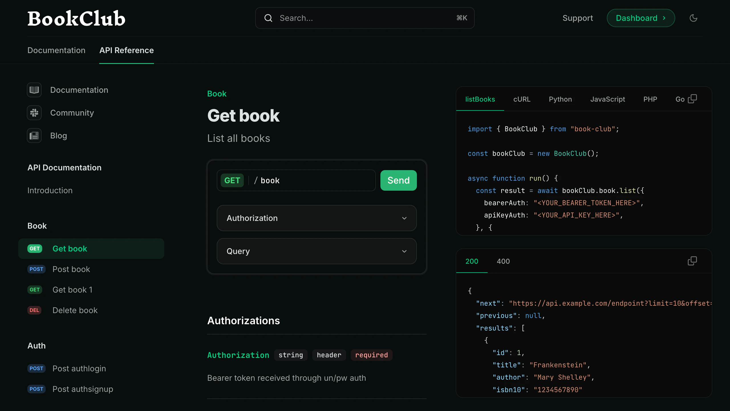 Un bac à sable d’API Mintlify avec des extraits de code Speakeasy.