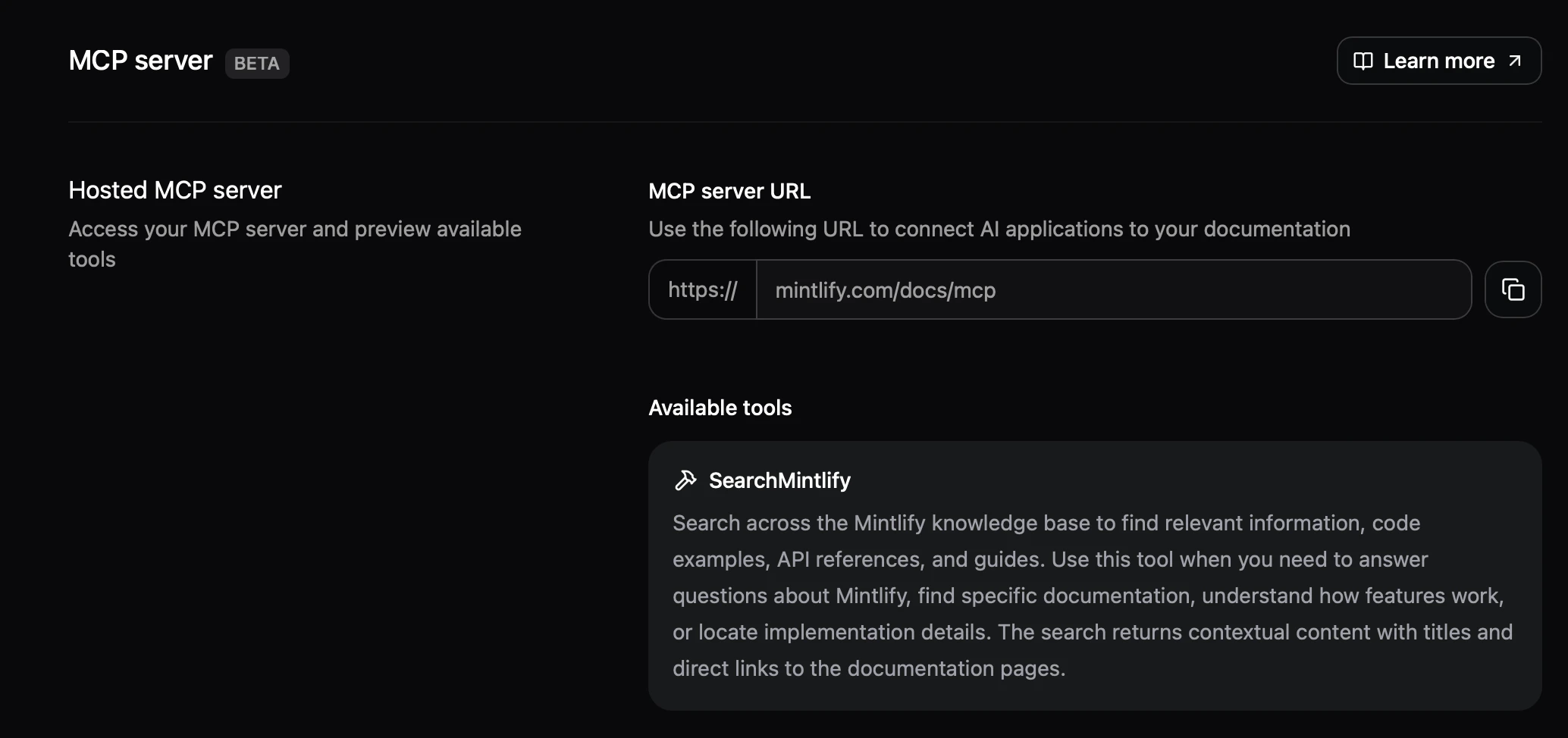 MCP server page in the dashboard.