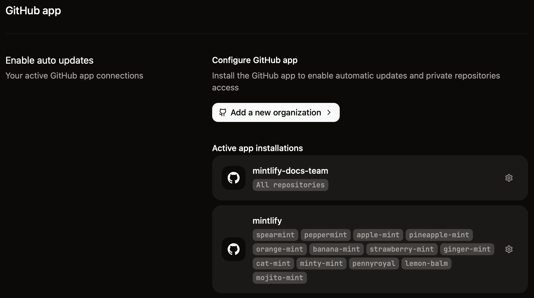 The GitHub app page showing connected repositories for two organizations in dark mode.