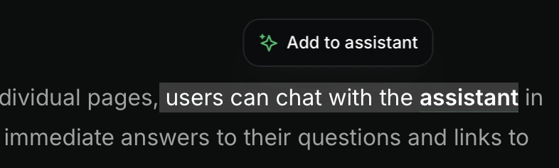 El botón Add to assistant sobre el texto resaltado en modo oscuro.