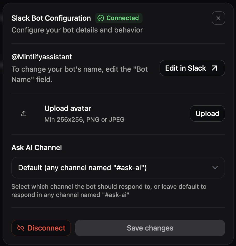 The Slack configuration panel in dark mode.