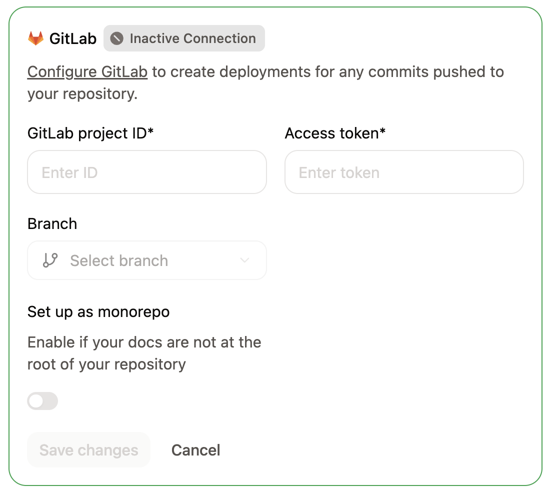 Le panneau de configuration GitLab sur la page Git Settings du Tableau de bord Mintlify.