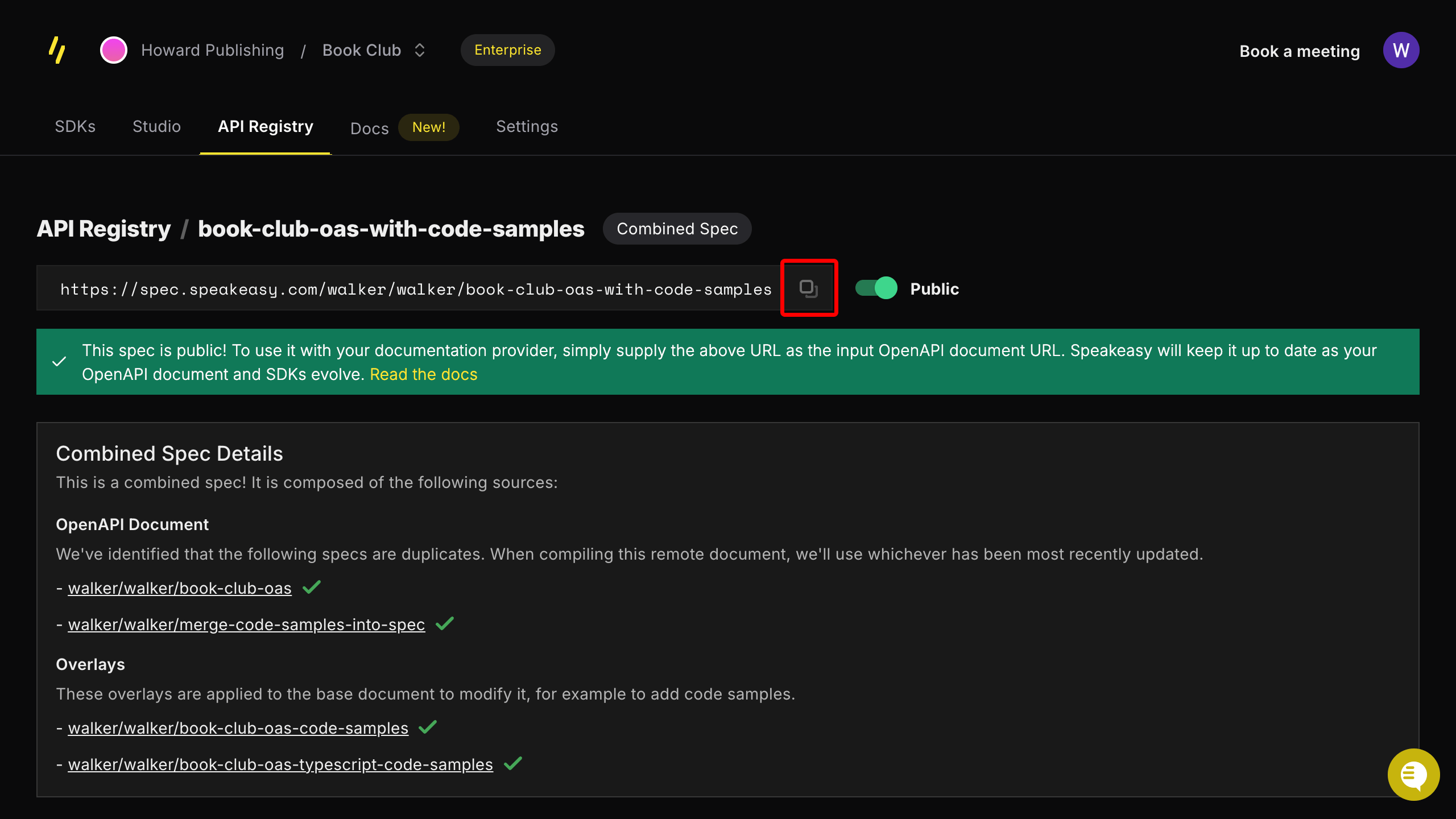 Screenshot showing the combined spec registry entry with the copy URL function emphasized with a red square.