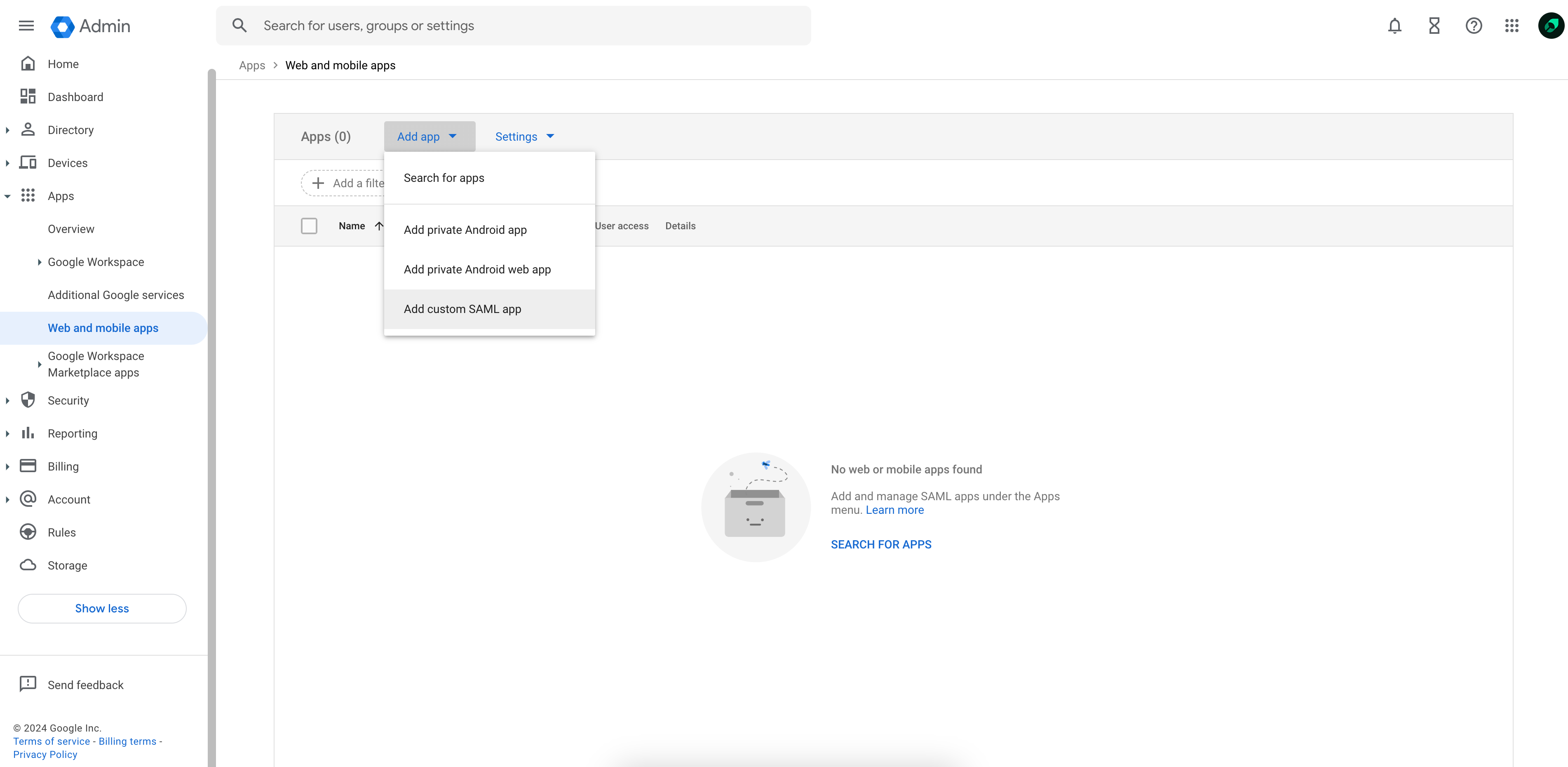 Screenshot of the Google Workspace SAML application creation page with the "Add custom SAML app" menu item highlighted