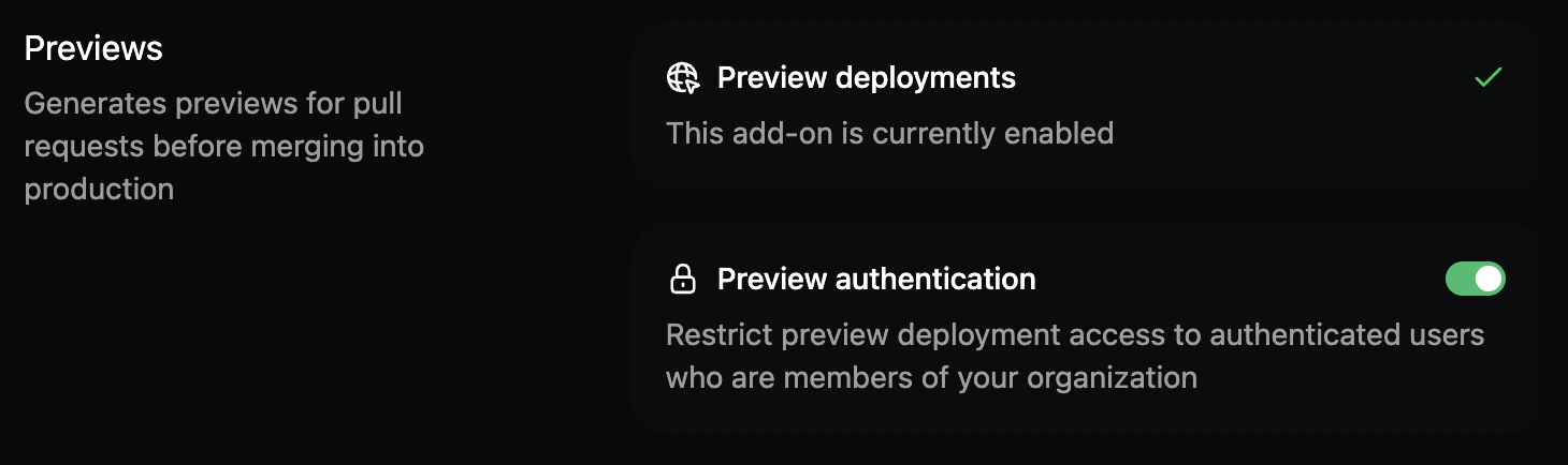 The preview authentication toggle in the Add-ons page
