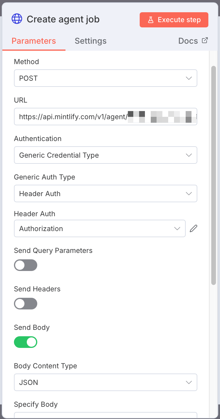 Screenshot of the configurations for the create agent job node.