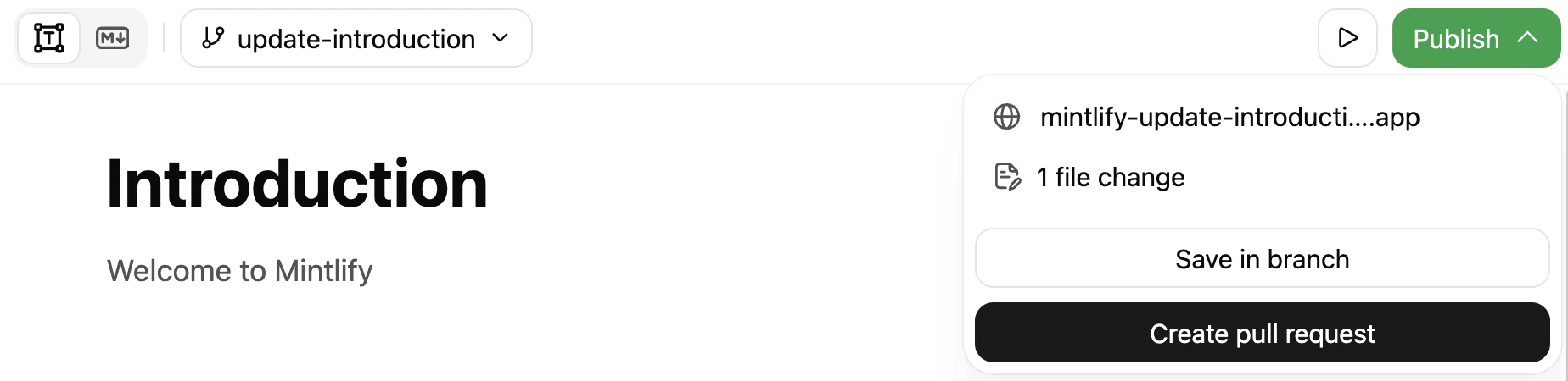 Barre d’outils de l’éditeur web affichant une modification en attente et le bouton Save in branch sur une branche de fonctionnalité.