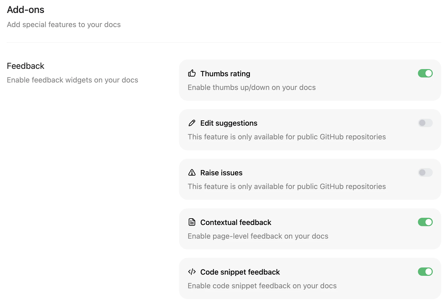 Feedback toggles in the Add-ons page.