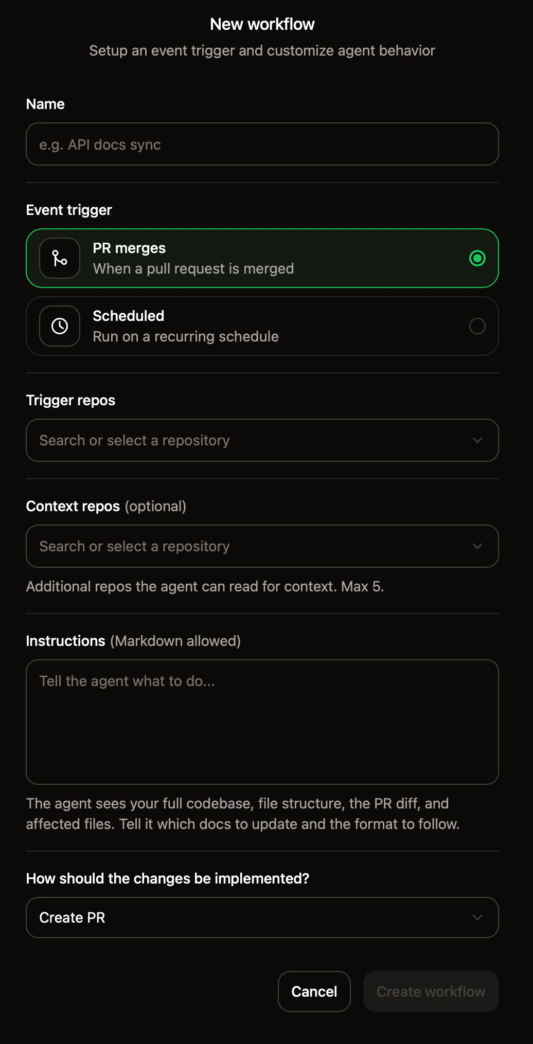 The new workflow setup page.