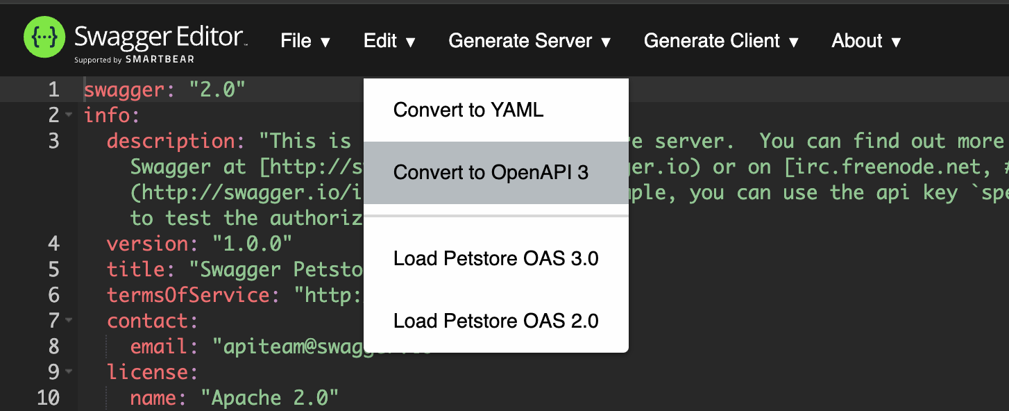 Captura de pantalla de Swagger Editor con el menú Edit desplegado y el elemento de menú "Convert to OpenAPI 3" resaltado.