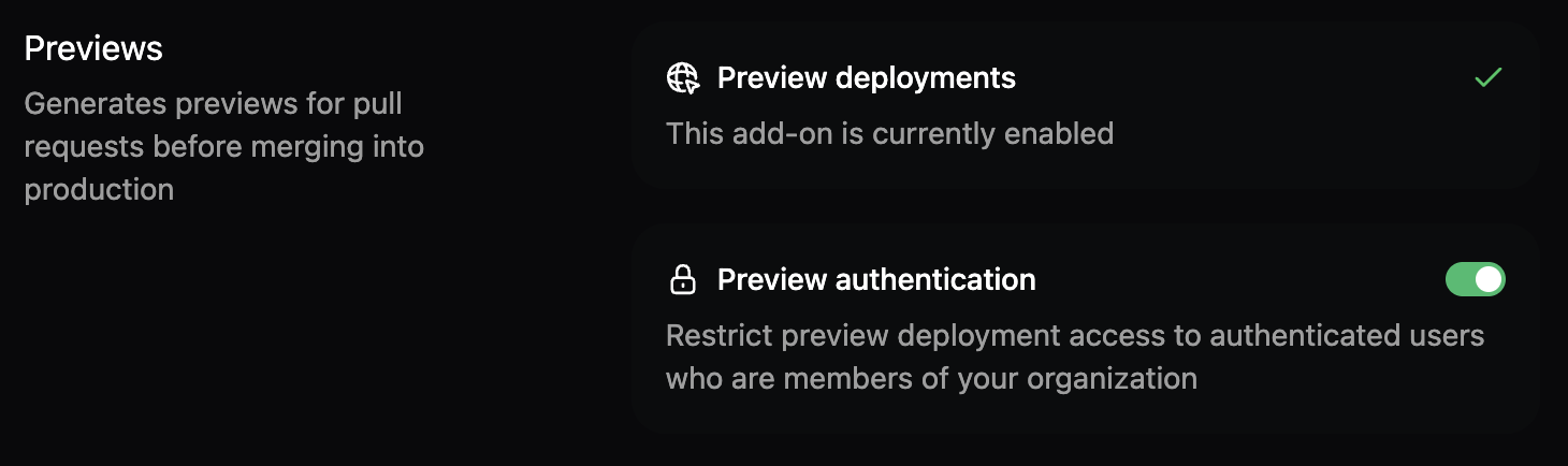 The preview authentication toggle in the Add-ons page