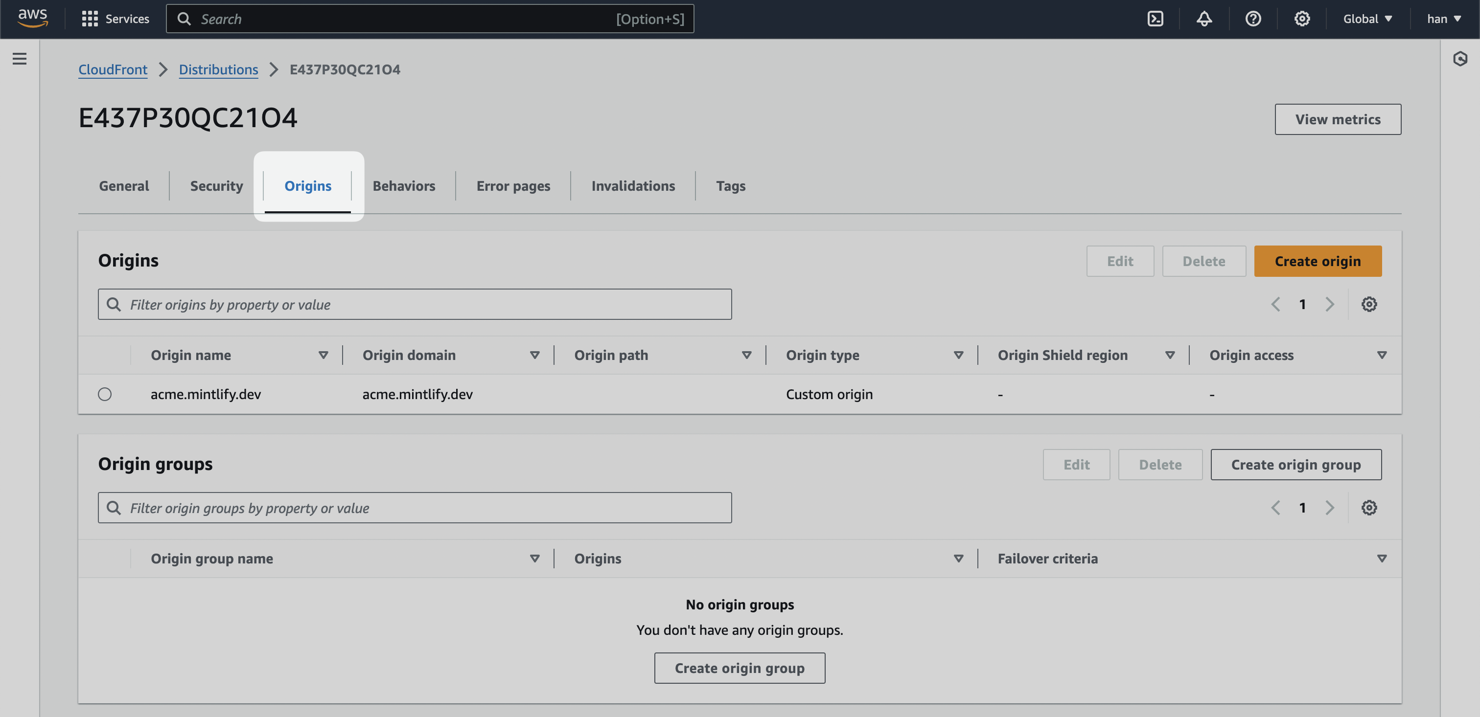 A CloudFront distribution with the "Origins" tab highlighted.