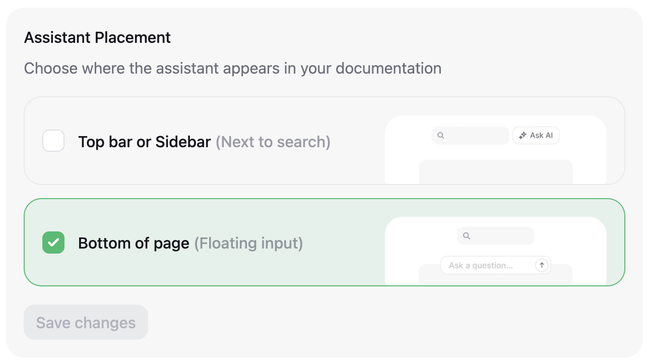 The assistant placement panel in the dashboard with the bottom of page option selected.