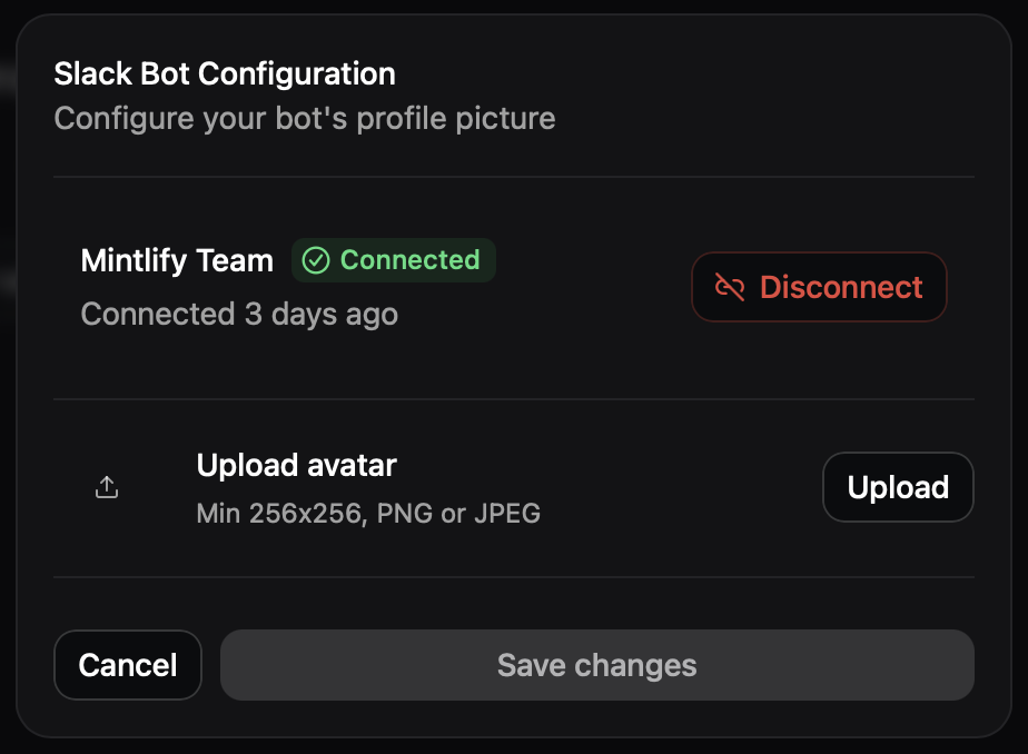 The Slack configuration panel in dark mode.