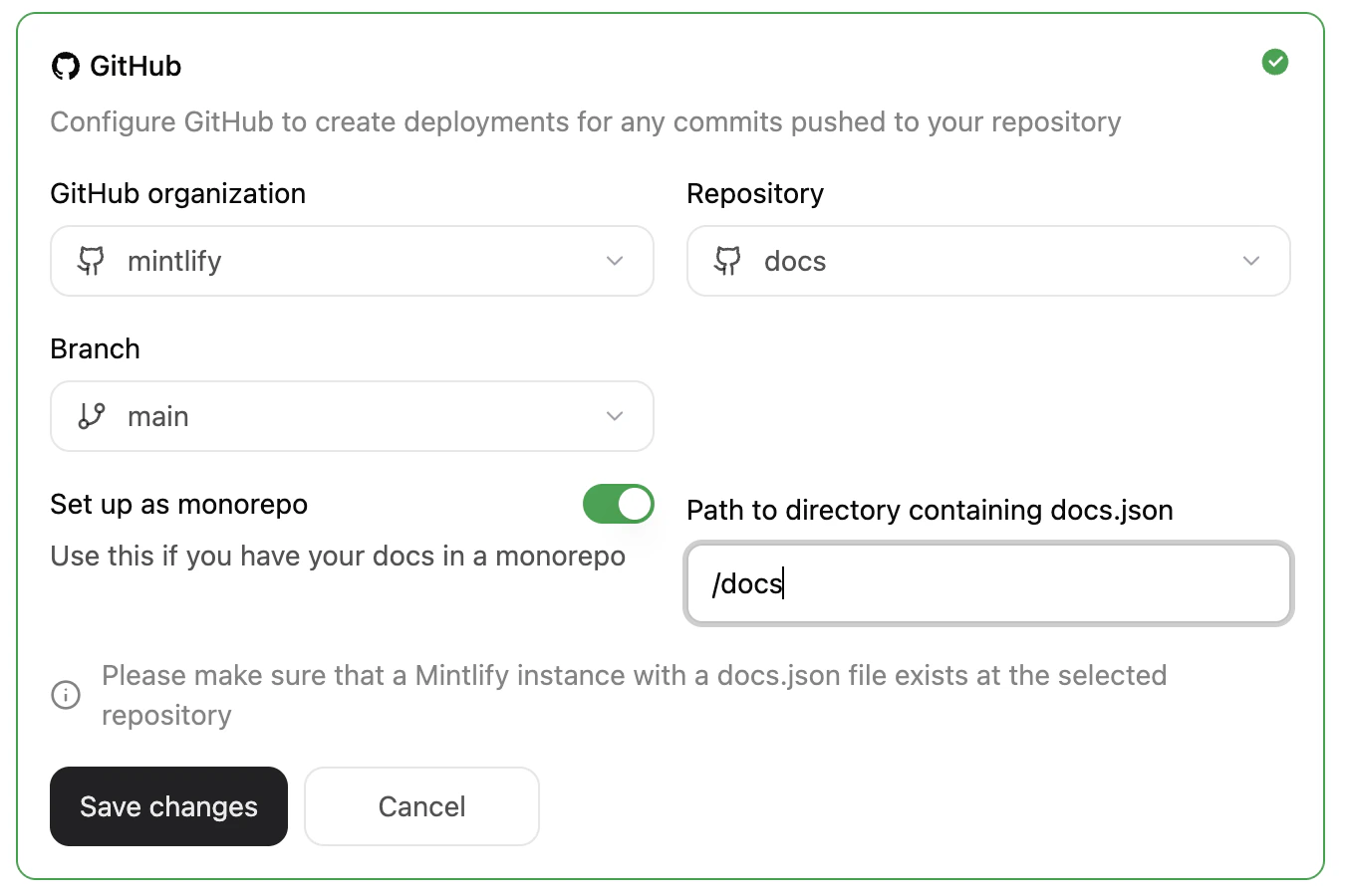 The project settings panel in the Git Settings menu. The Set up as monorepo toggle button is enabled and a path to the /docs directory is specified.