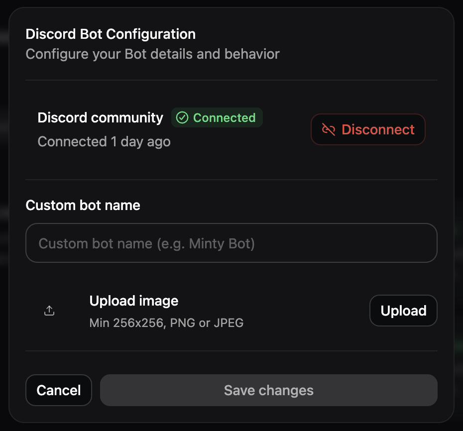 The Discord configuration panel in dark mode.