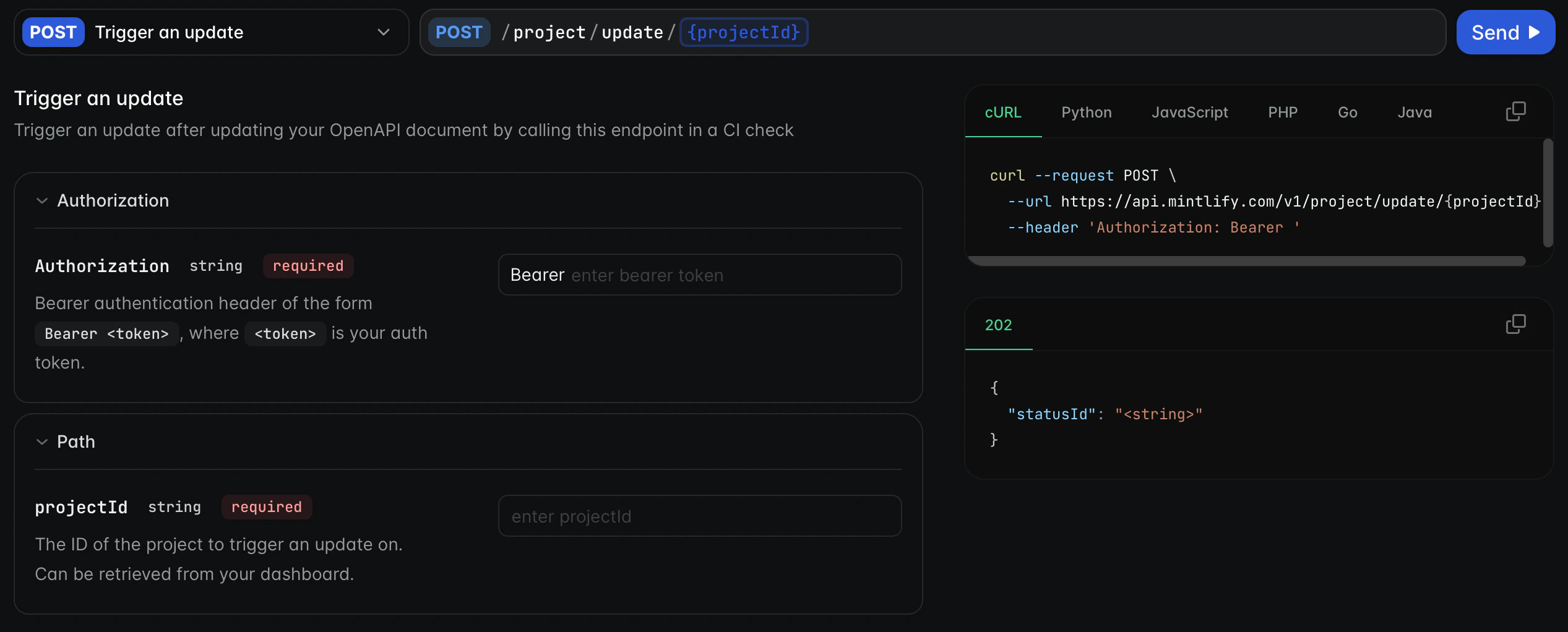 Playground API pour l’endpoint « Déclencher une mise à jour ».