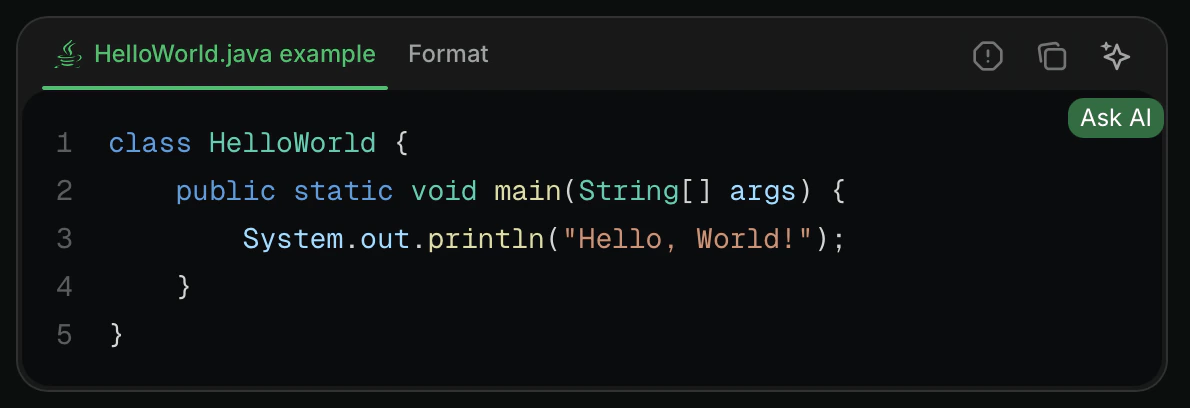 Le bouton Ask AI dans un code block en mode sombre.