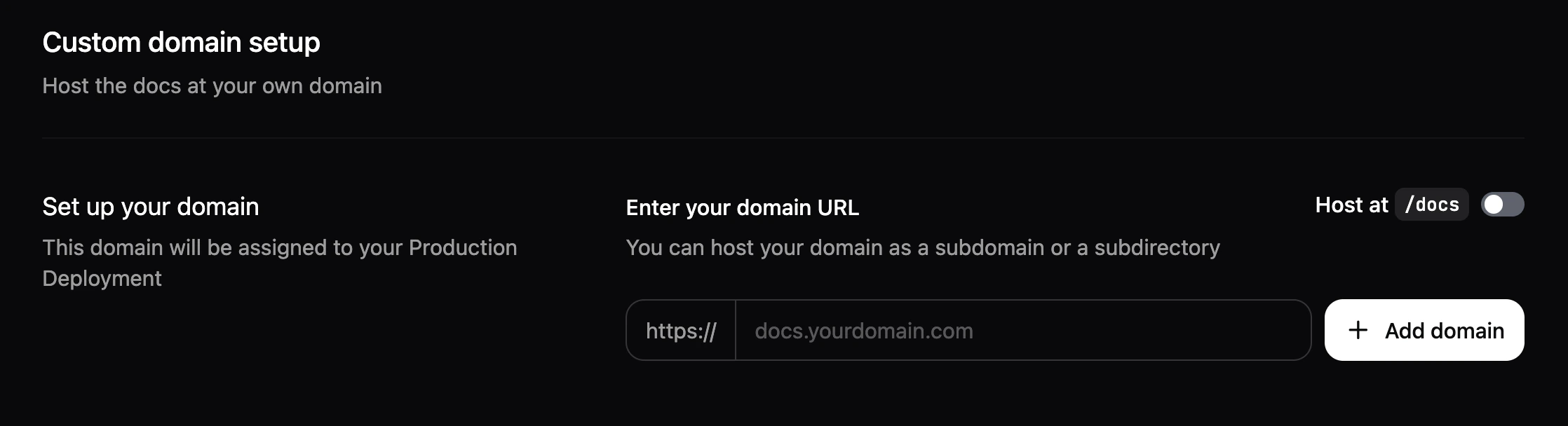 La page de configuration du domaine personnalisé affichant le champ pour saisir l'URL de votre domaine personnalisé.