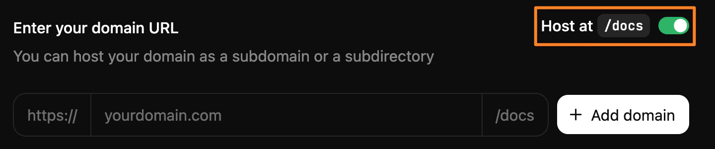 Custom domain setup 页面截图。Host at `/docs` 开关已打开,并用橙色矩形高亮显示。