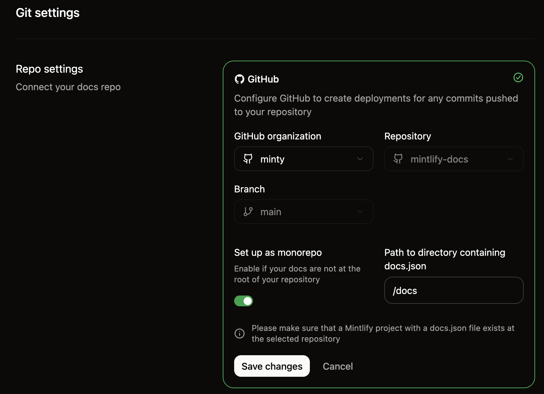Configuración del repositorio en la página Git settings.