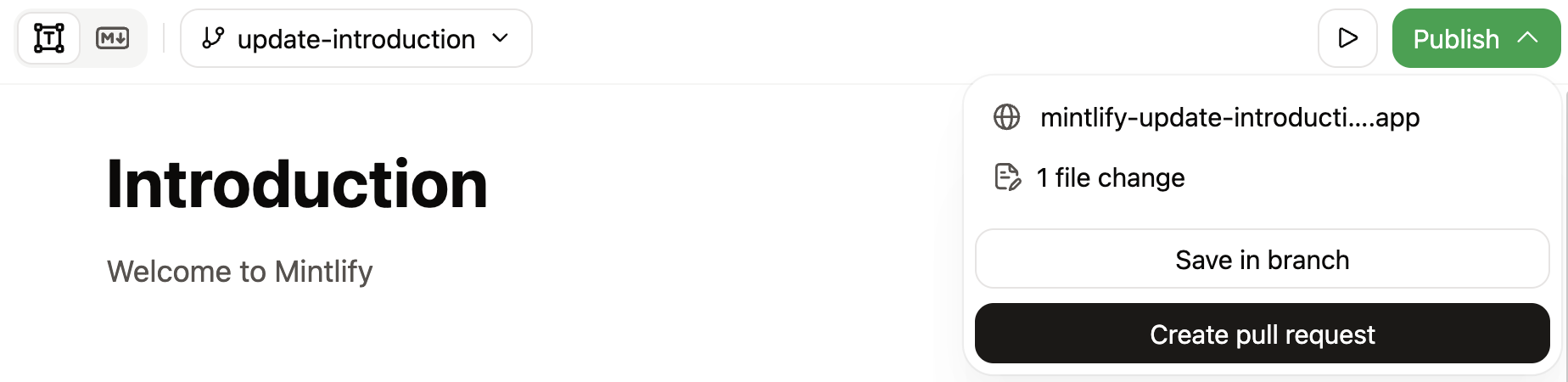 Barre d’outils de l’éditeur web affichant une modification en attente et le bouton Save in branch sur une branche de fonctionnalité.