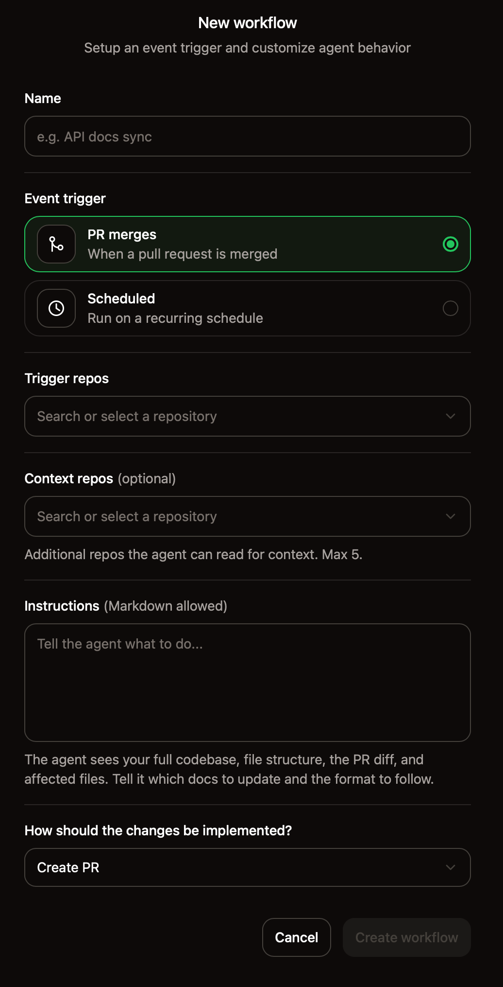 The new workflow setup page.