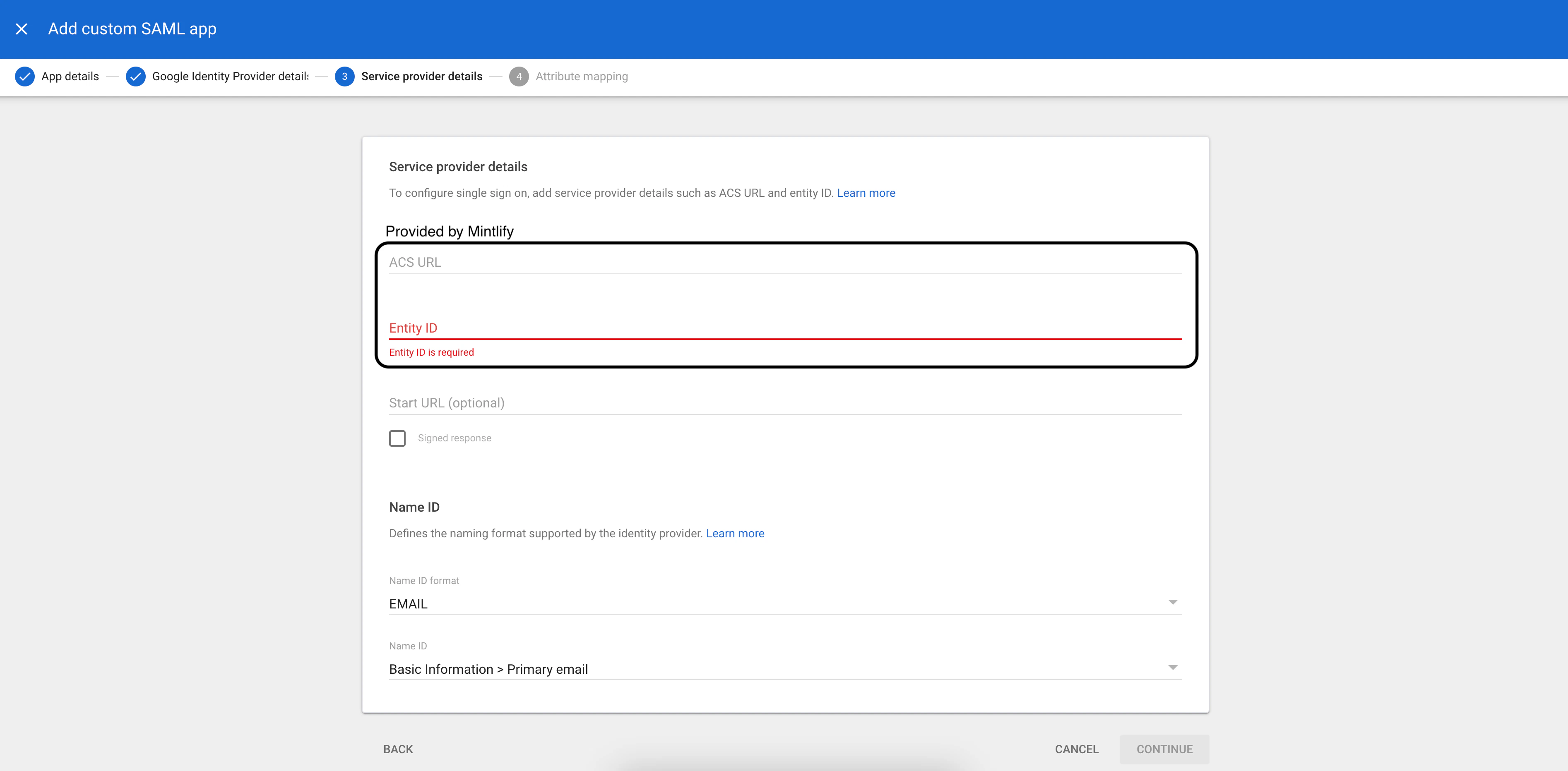 Screenshot of the Service provider details page with the ACS URL and Entity ID input fields highlighted.
