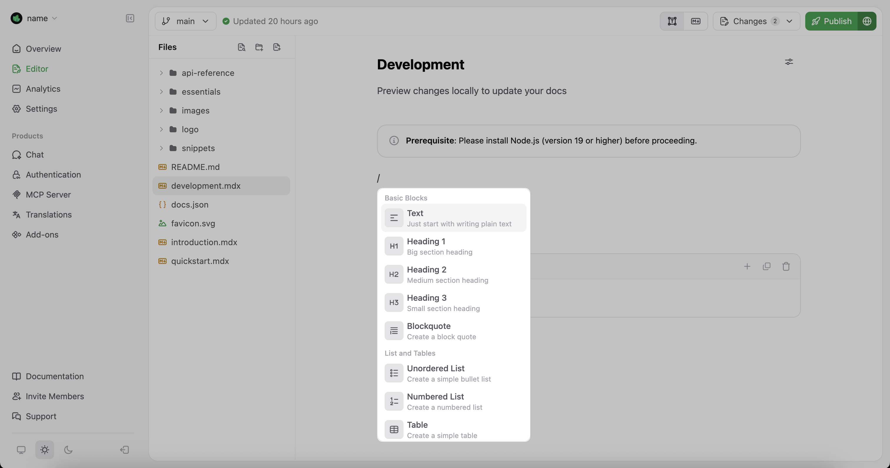 El menú de componentes desplegado resaltado en el editor visual de Mintlify