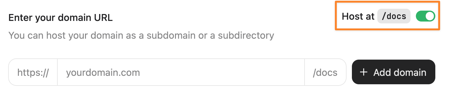 Screenshot of the Custom domain setup page. The Host at `/docs` toggle is on and highlighted by an orange rectangle.