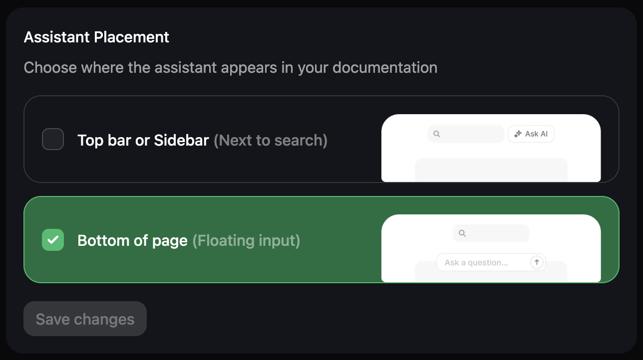 The assistant placement panel in the dashboard with the bottom of page option selected.