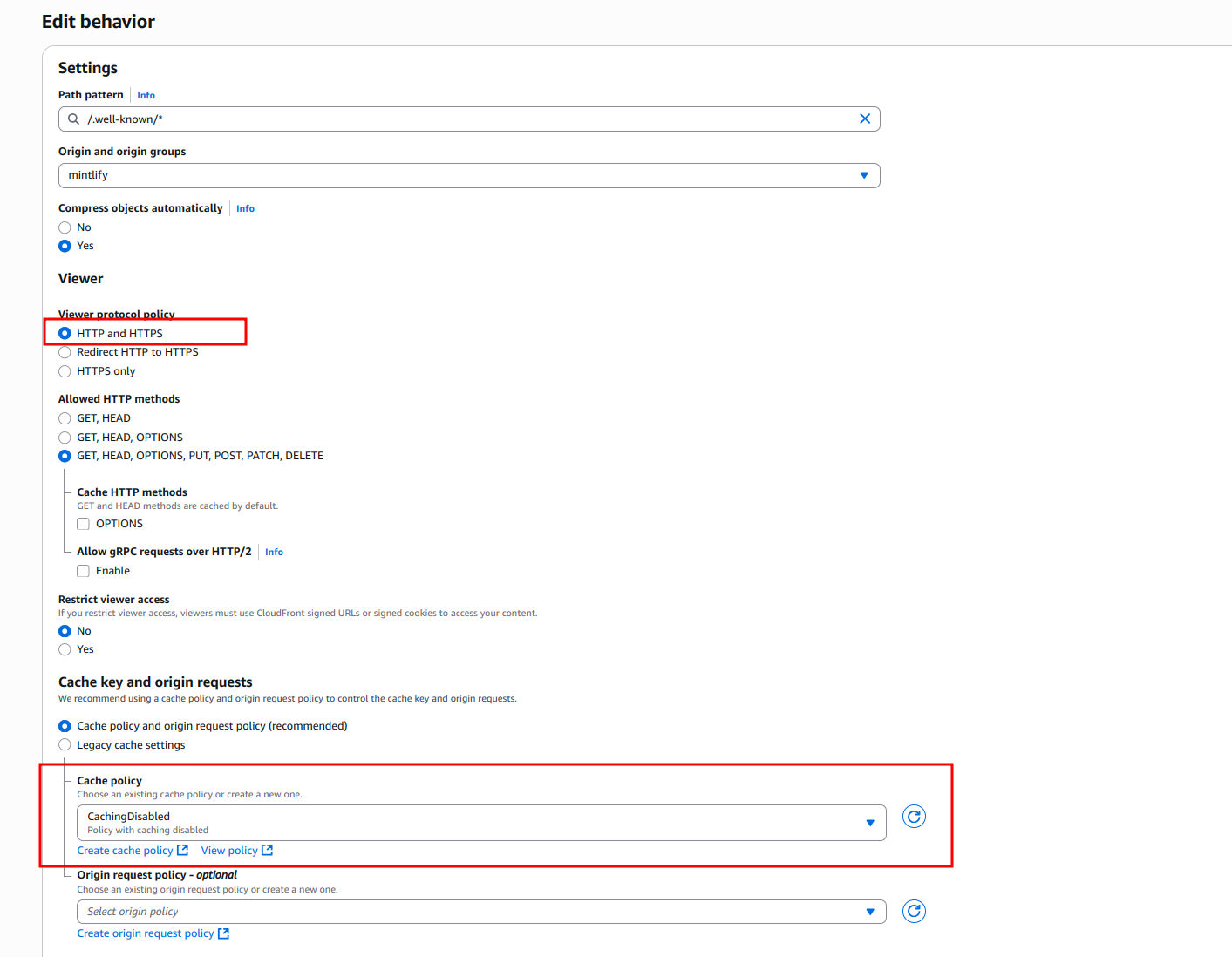 CloudFront "Create behavior" page with a "Path pattern" of "/.well-known/*" and "Origin and origin groups" pointing to the staging URL.