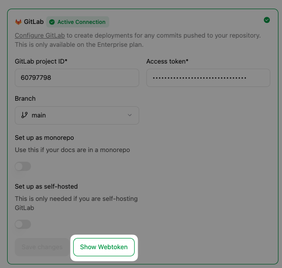 Screenshot of the GitLab connection in the Mintlify dashboard. The Show Webtoken button is highlighted.