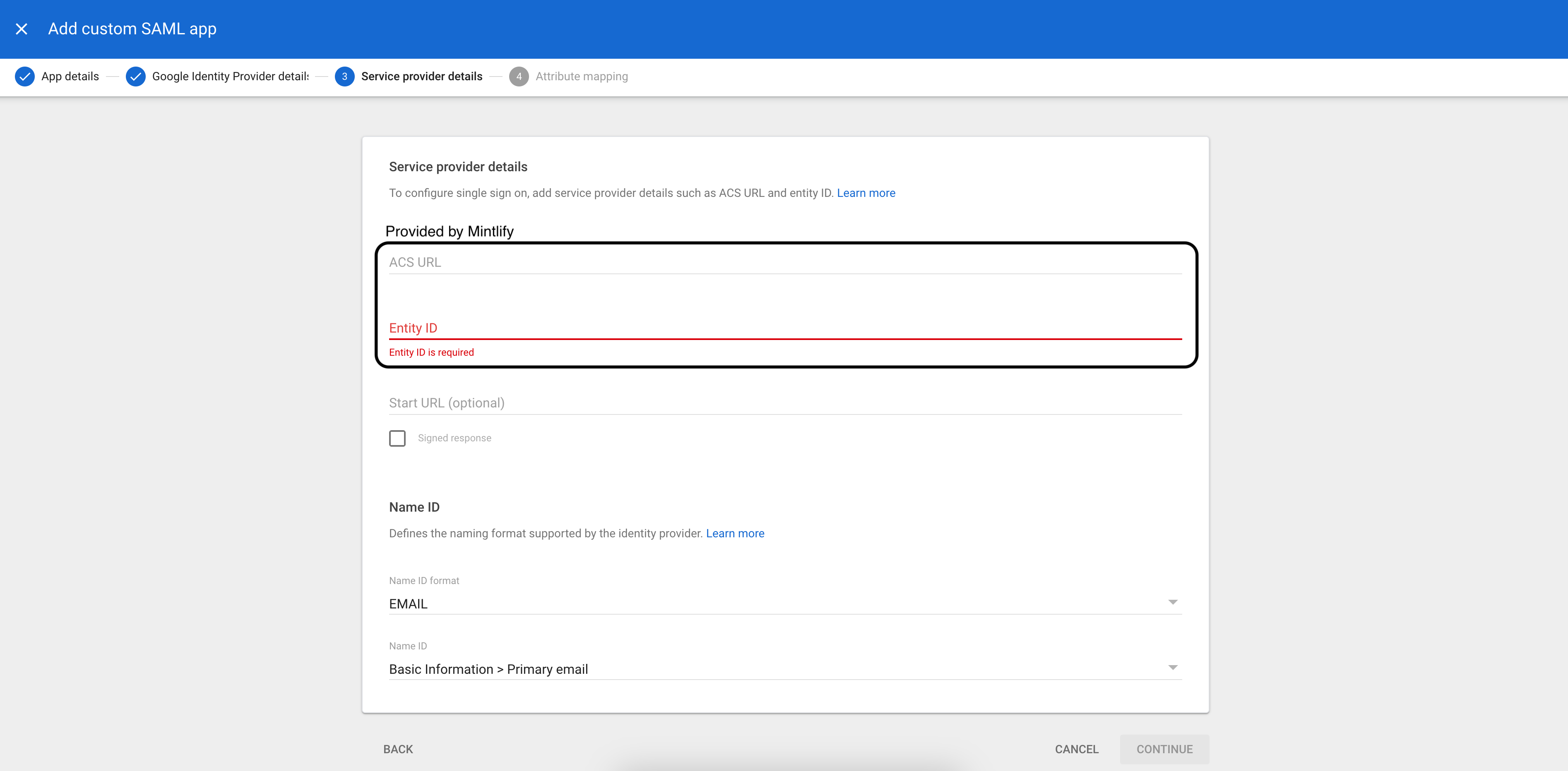 Screenshot of the Service provider details page with the ACS URL and Entity ID input fields highlighted.