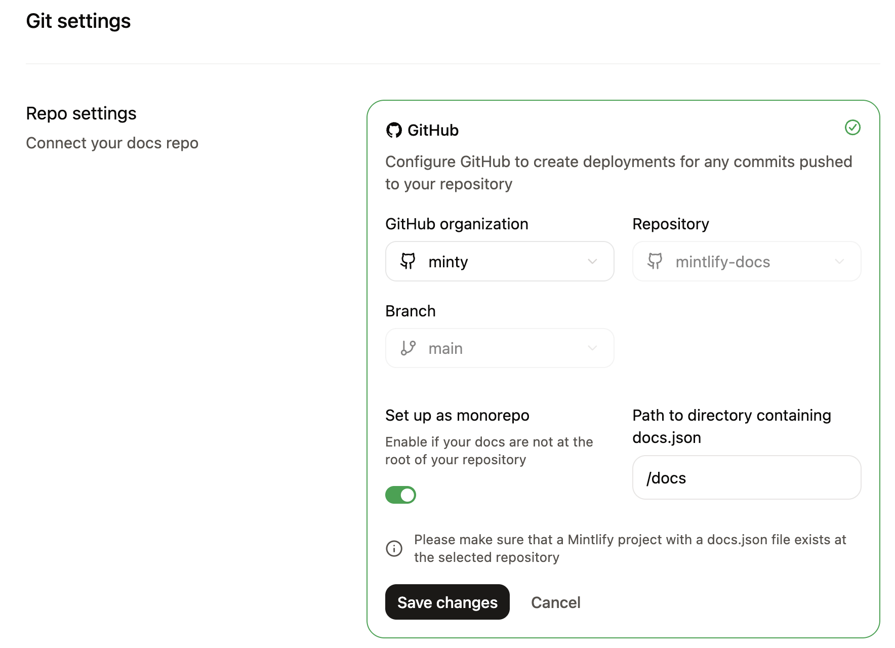 Configuración del repositorio en la página Git settings.