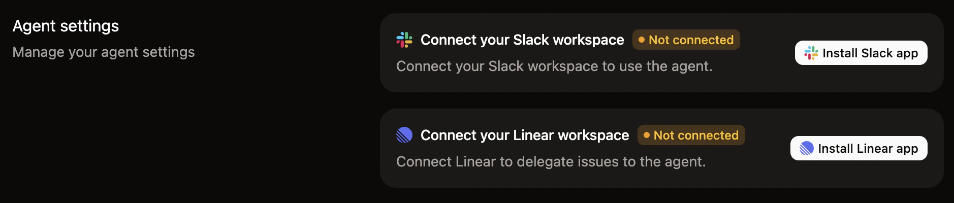 The App settings section with the Slack and Linear install buttons.